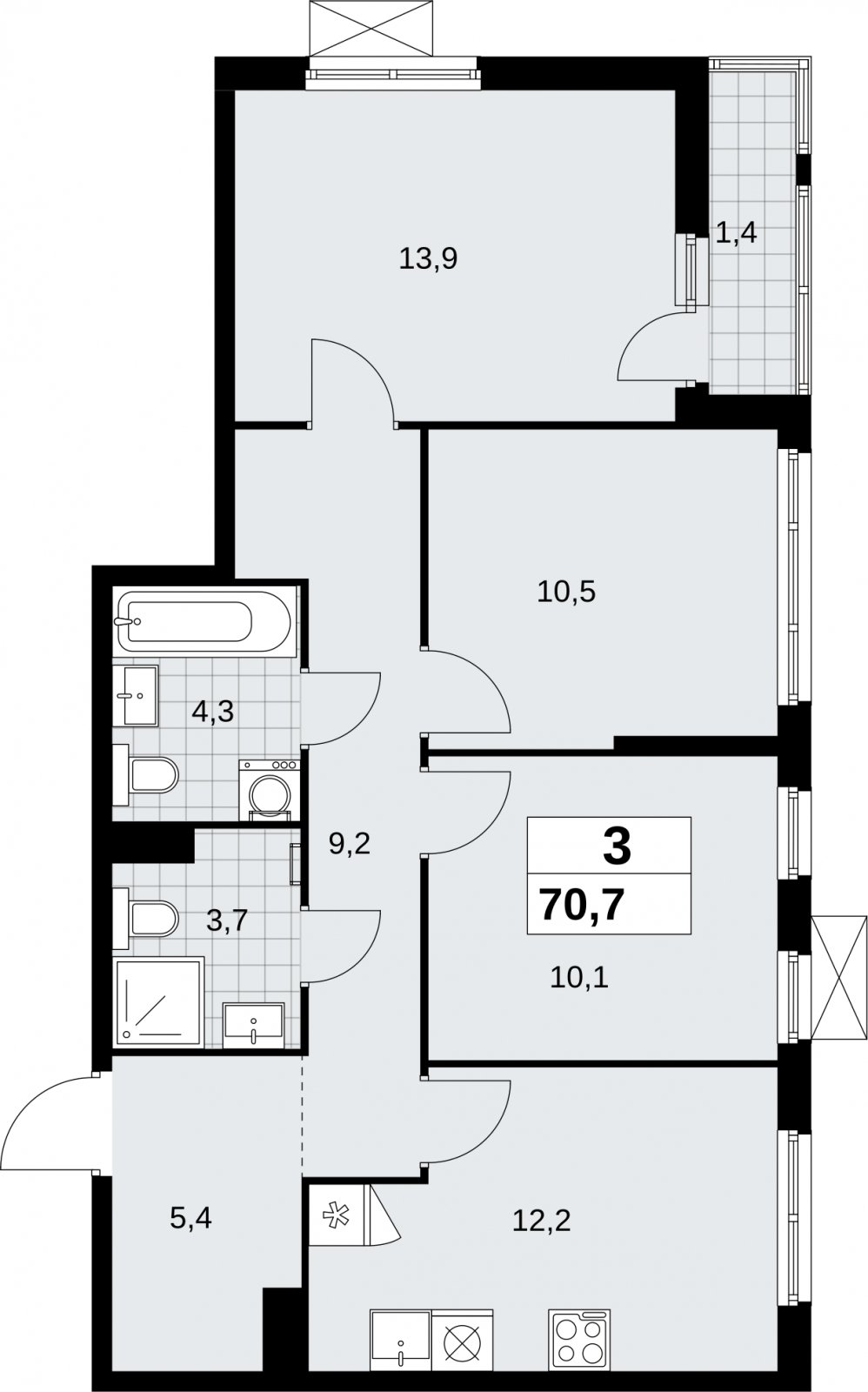 3-комнатная квартира без отделки, 70.7 м2, 5 этаж, сдача 2 квартал 2026 г., ЖК Дзен-кварталы, корпус 6.1.1 - объявление 2327151 - фото №1