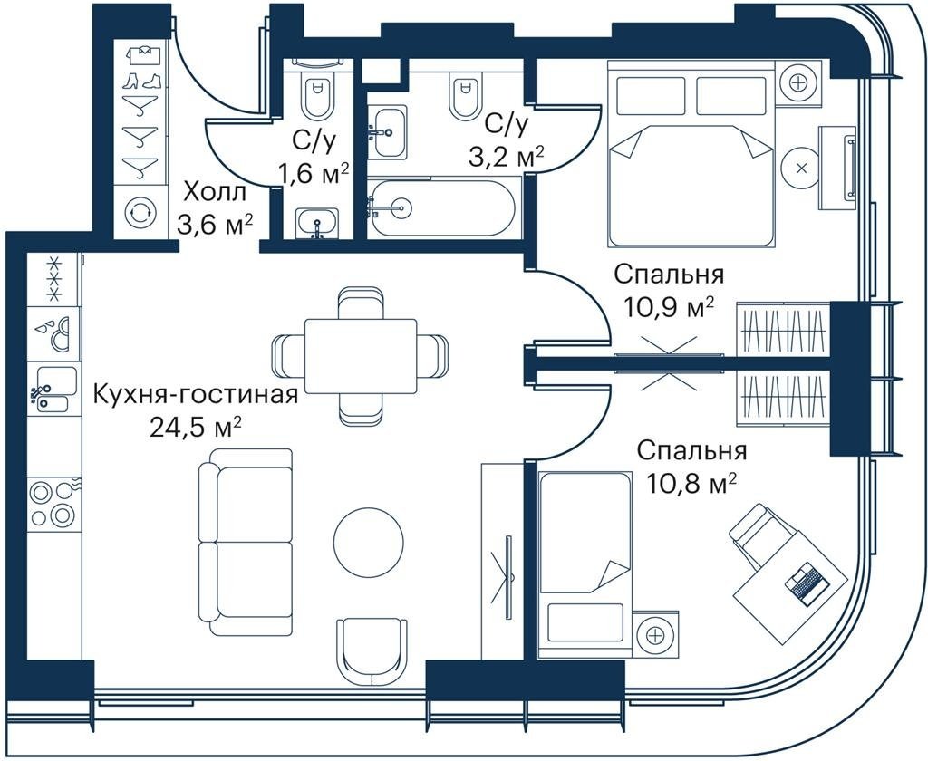 2-комнатная квартира с частичной отделкой, 54.6 м2, 8 этаж, сдача 4 квартал 2023 г., ЖК City Bay, корпус Atlantic Ocean 1 - объявление 2249924 - фото №1