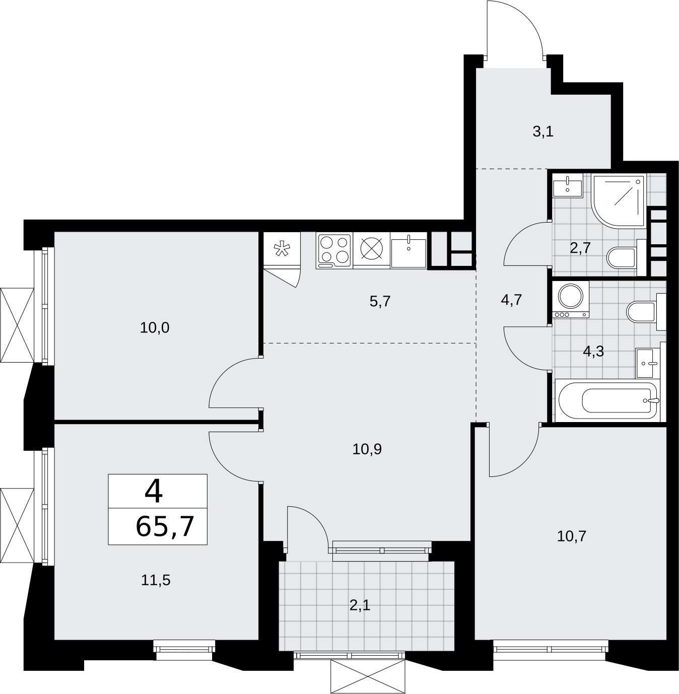 4-комнатная квартира (евро) без отделки, 65.7 м2, 15 этаж, сдача 2 квартал 2026 г., ЖК Бунинские кварталы, корпус 5.2 - объявление 2297428 - фото №1