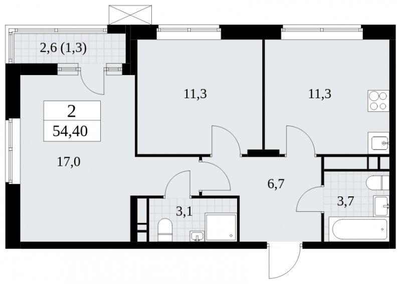 2-комнатная квартира без отделки, 54.4 м2, 13 этаж, сдача 1 квартал 2025 г., ЖК Прокшино, корпус 5.2.3 - объявление 1751356 - фото №1