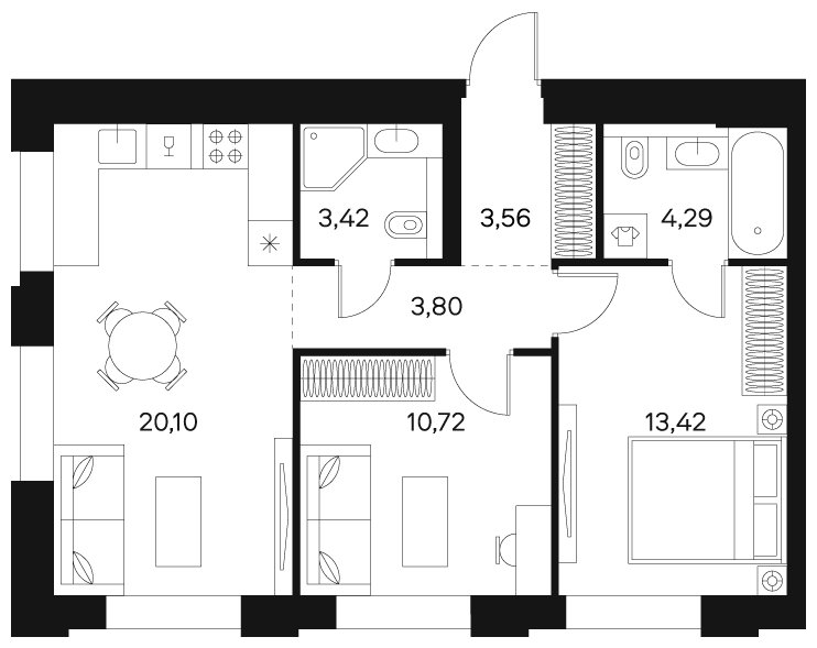 2-комнатная квартира без отделки, 59.31 м2, 3 этаж, сдача 4 квартал 2024 г., ЖК FØRST, корпус 2 - объявление 1942987 - фото №1