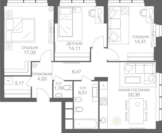 3-комнатная квартира без отделки, 88.09 м2, 10 этаж, сдача 4 квартал 2024 г., ЖК Headliner, корпус 5 - объявление 2274600 - фото №1