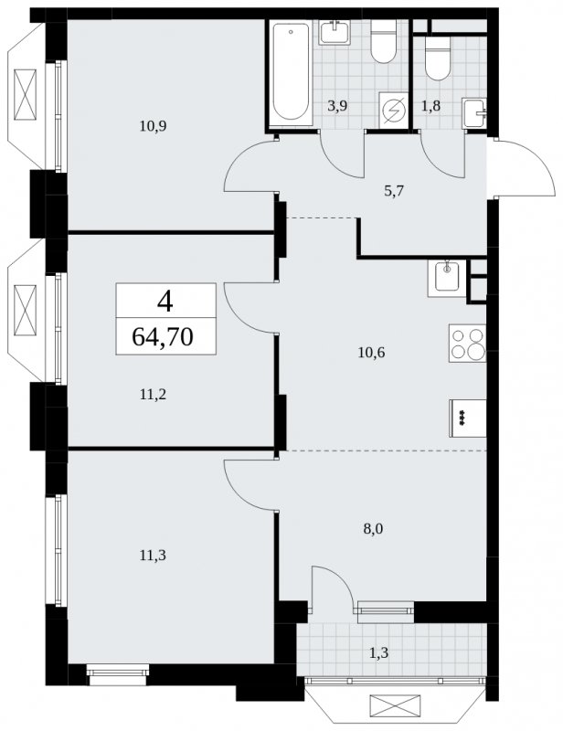 4-комнатная квартира (евро) с полной отделкой, 64.7 м2, 4 этаж, сдача 2 квартал 2025 г., ЖК Бунинские кварталы, корпус 1.2 - объявление 1834410 - фото №1
