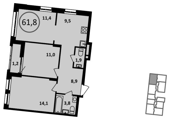 3-комнатная квартира (евро) с полной отделкой, 61.8 м2, 2 этаж, сдача 1 квартал 2023 г., ЖК Испанские кварталы, корпус 5.5 - объявление 1412705 - фото №1