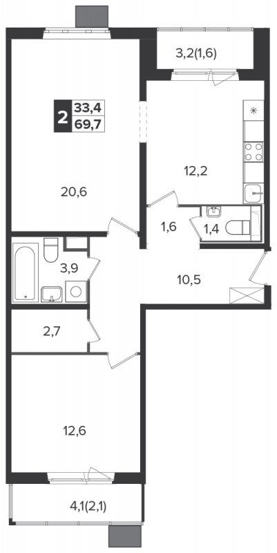 2-комнатная квартира с полной отделкой, 69.7 м2, 13 этаж, дом сдан, ЖК Южная Битца, корпус 6 - объявление 1307906 - фото №1