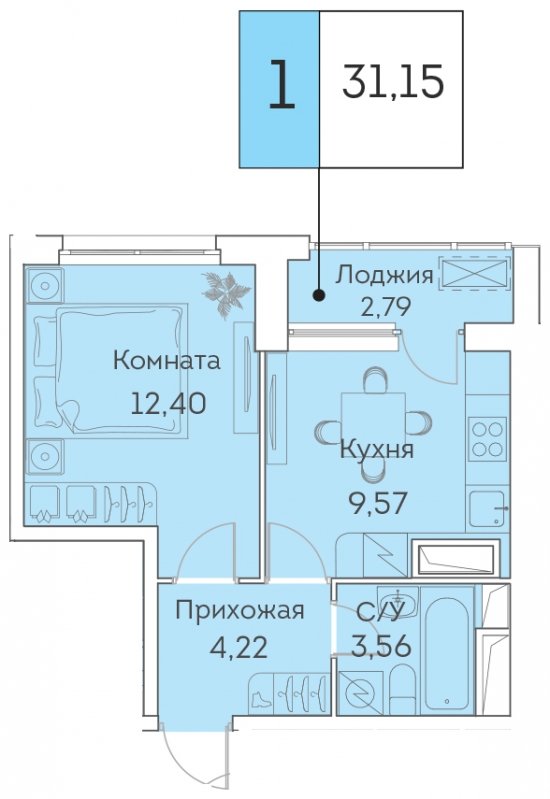 1-комнатная квартира с частичной отделкой, 31.15 м2, 21 этаж, сдача 3 квартал 2023 г., ЖК Аквилон BESIDE, корпус 1 - объявление 1642934 - фото №1