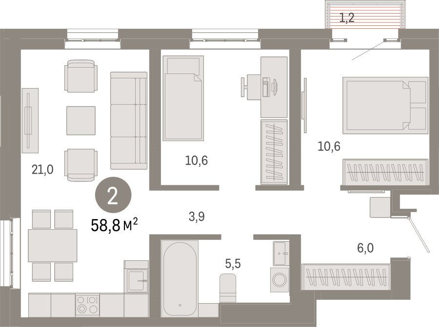2-комнатная квартира с частичной отделкой, 58.8 м2, 23 этаж, сдача 3 квартал 2026 г., ЖК Квартал Метроном, корпус 1 - объявление 2300697 - фото №1