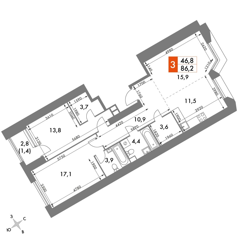 3-комнатная квартира с частичной отделкой, 86.2 м2, 6 этаж, дом сдан, ЖК Архитектор, корпус 3 - объявление 2275375 - фото №1