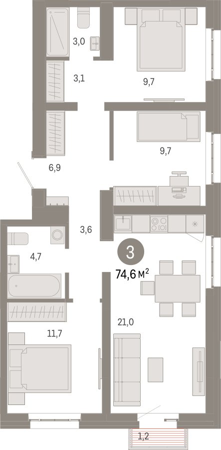 3-комнатная квартира с частичной отделкой, 74.6 м2, 5 этаж, сдача 3 квартал 2026 г., ЖК Квартал Метроном, корпус 1 - объявление 2357038 - фото №1