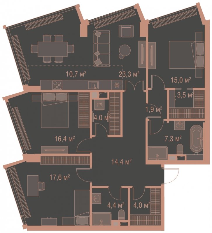 3-комнатная квартира без отделки, 122.5 м2, 8 этаж, сдача 1 квартал 2025 г., ЖК HIGH LIFE, корпус Heart Tower - объявление 1767886 - фото №1