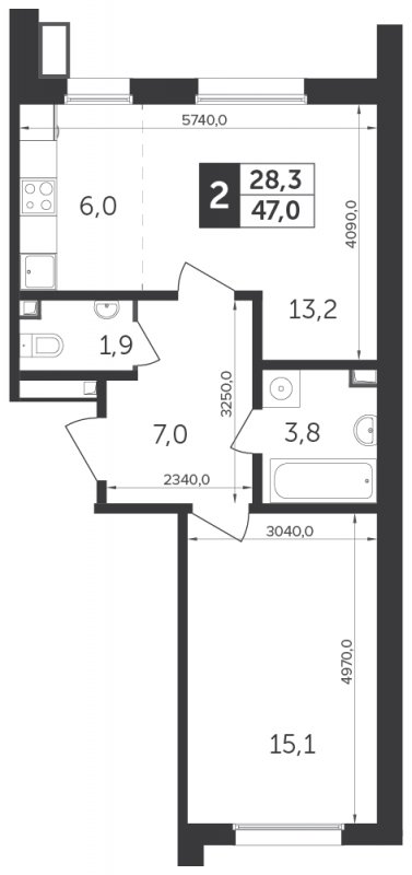 2-комнатная квартира с частичной отделкой, 47 м2, 21 этаж, дом сдан, ЖК Датский квартал, корпус 1 - объявление 2207603 - фото №1