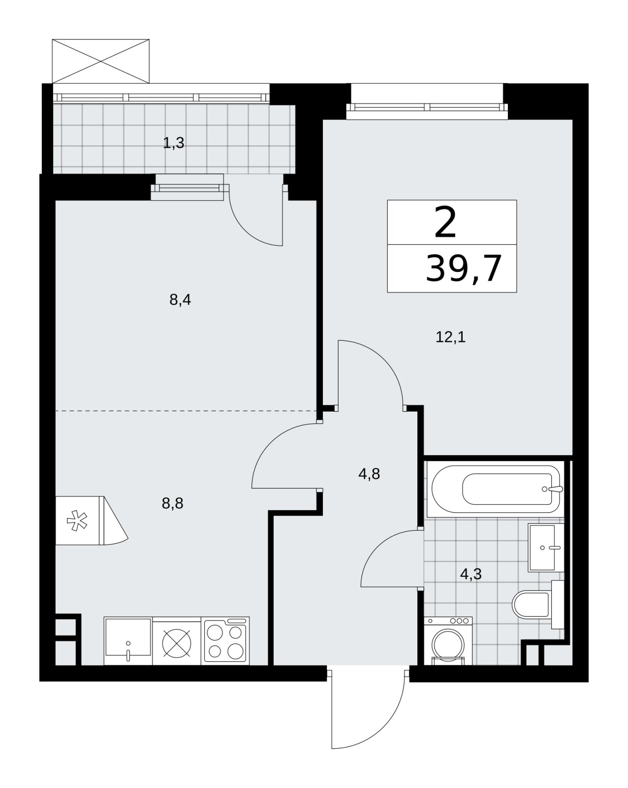 2-комнатная квартира (евро) без отделки, 39.7 м2, 3 этаж, сдача 2 квартал 2026 г., ЖК Скандинавия, корпус 25.5 - объявление 2283764 - фото №1