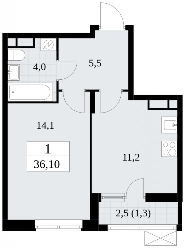 1-комнатная квартира без отделки, 36.1 м2, 6 этаж, сдача 1 квартал 2025 г., ЖК Прокшино, корпус 5.1.3 - объявление 1810806 - фото №1