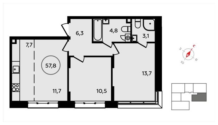 3-комнатная квартира (евро) с полной отделкой, 57.8 м2, 2 этаж, сдача 3 квартал 2024 г., ЖК Скандинавия, корпус 2.22.4 - объявление 1625675 - фото №1