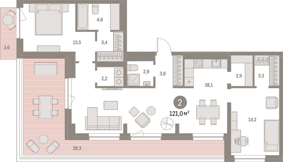 2-комнатная квартира с частичной отделкой, 121.02 м2, 7 этаж, сдача 1 квартал 2025 г., ЖК Первый квартал, корпус Дом 5 - объявление 2281575 - фото №1