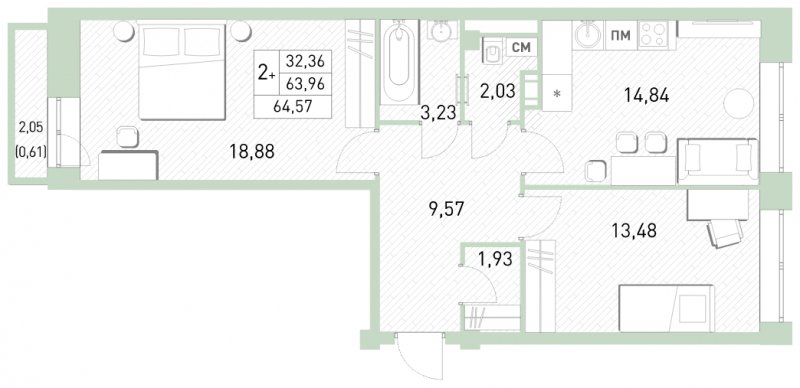 3-комнатная квартира (евро) с полной отделкой, 64.57 м2, 9 этаж, сдача 2 квартал 2023 г., ЖК Столичный, корпус 24 - объявление 1651072 - фото №1