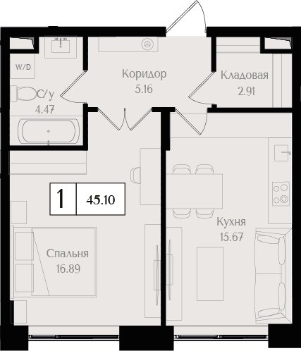 1-комнатная квартира без отделки, 45.1 м2, 2 этаж, сдача 3 квартал 2024 г., ЖК Преображенская площадь, корпус 1 - объявление 2408079 - фото №1