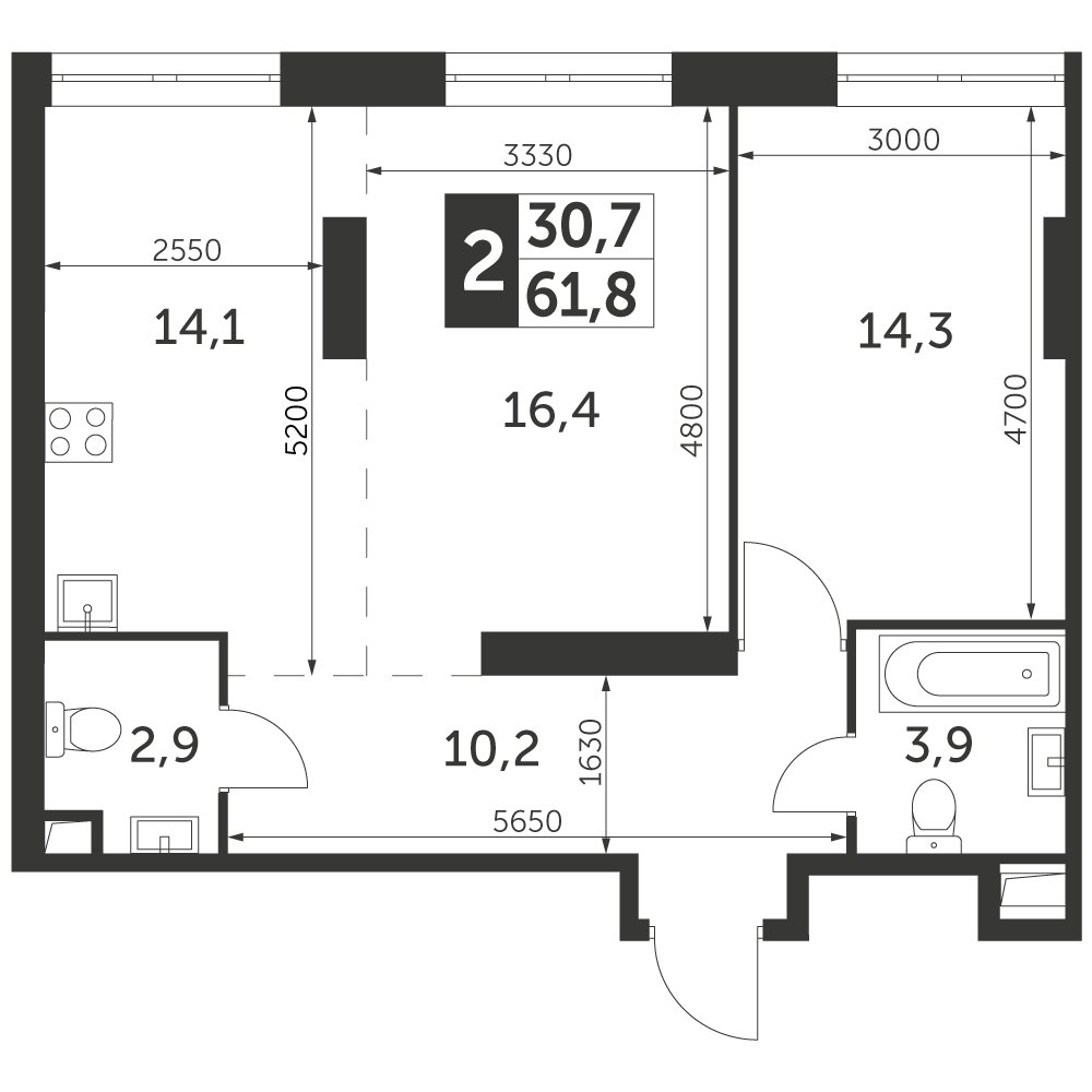 2-комнатная квартира с частичной отделкой, 61.8 м2, 4 этаж, дом сдан, ЖК Архитектор, корпус 3 - объявление 2374920 - фото №1