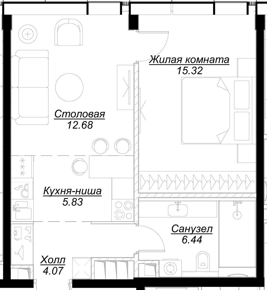1-комнатная квартира с частичной отделкой, 44.34 м2, 52 этаж, сдача 4 квартал 2024 г., ЖК MOD, корпус Mann - объявление 2332052 - фото №1