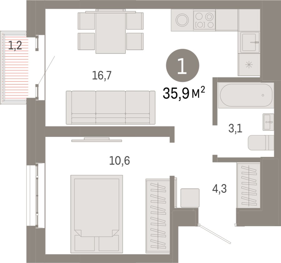 1-комнатная квартира с частичной отделкой, 35.9 м2, 17 этаж, сдача 3 квартал 2026 г., ЖК Квартал Метроном, корпус 1 - объявление 2396830 - фото №1