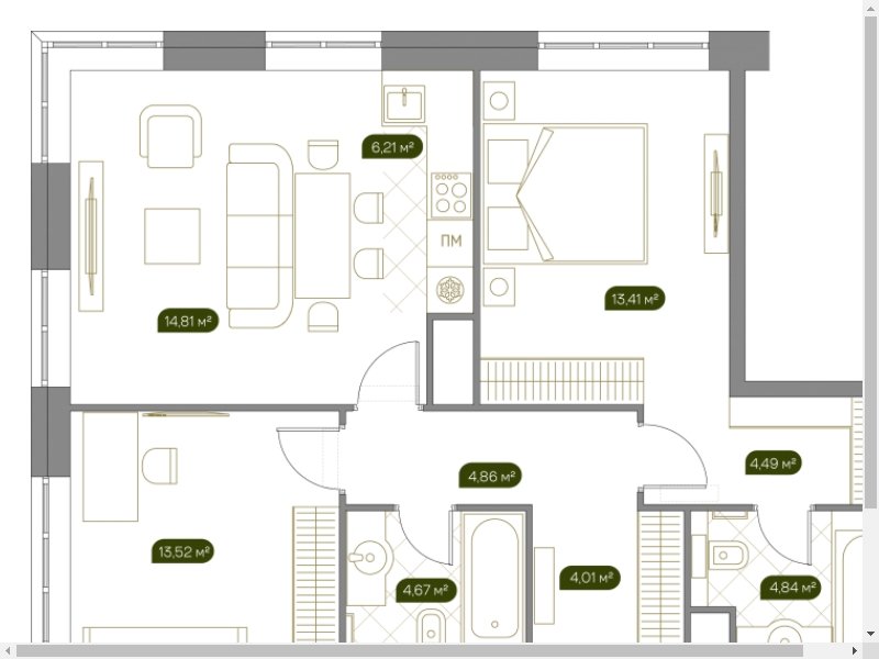 2-комнатная квартира с полной отделкой, 71.3 м2, 13 этаж, сдача 2 квартал 2023 г., ЖК West Garden, корпус Park line, корпус 14 - объявление 2108702 - фото №1