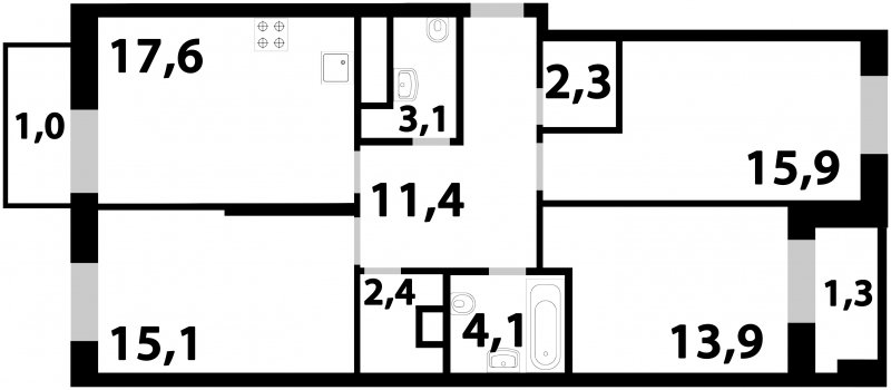 3-комнатная квартира без отделки, 88.1 м2, 3 этаж, дом сдан, ЖК Союзный, корпус 1 - объявление 1517567 - фото №1