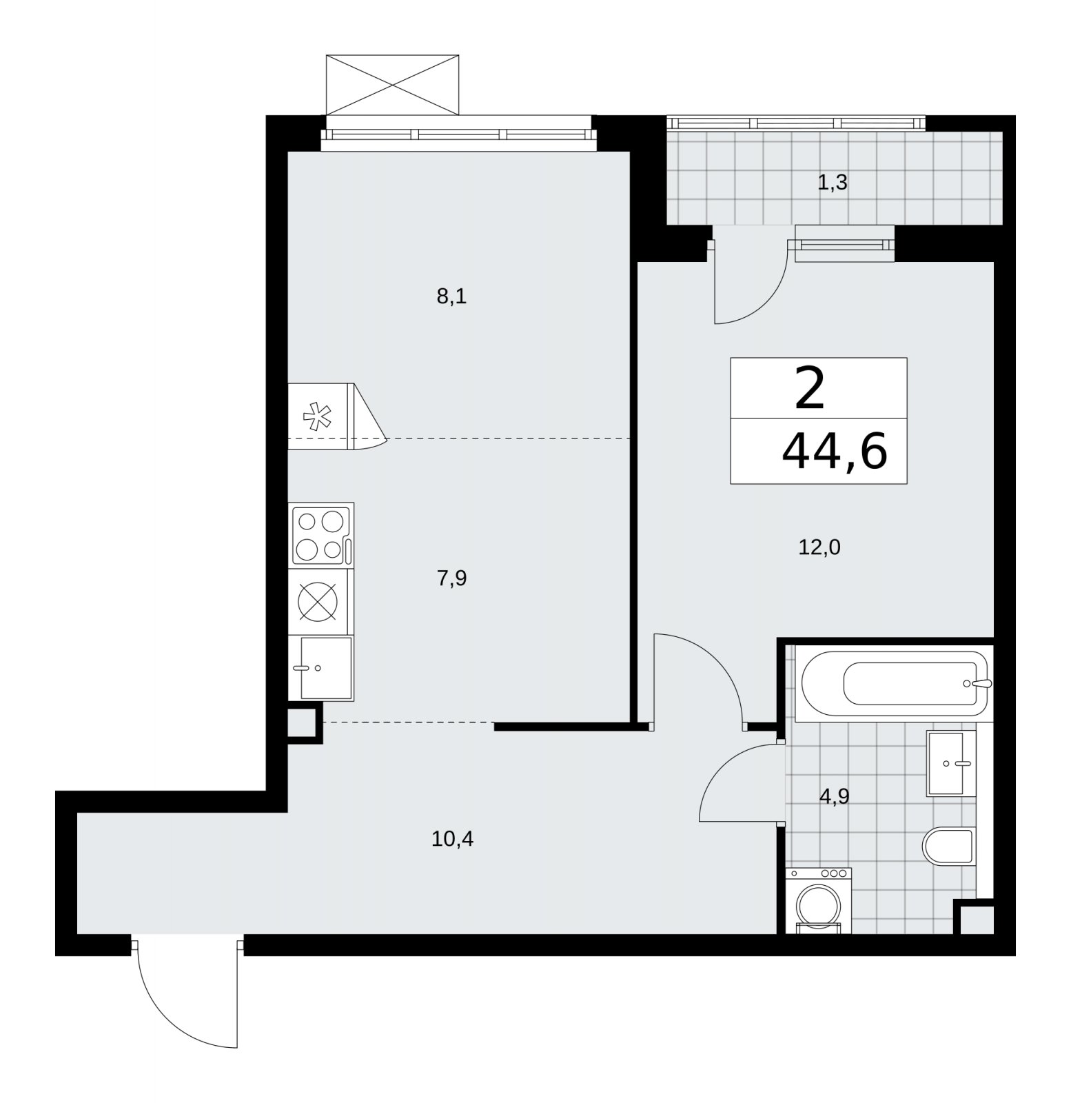 2-комнатная квартира (евро) с частичной отделкой, 44.6 м2, 2 этаж, сдача 2 квартал 2026 г., ЖК Прокшино, корпус 11.2.3 - объявление 2270340 - фото №1