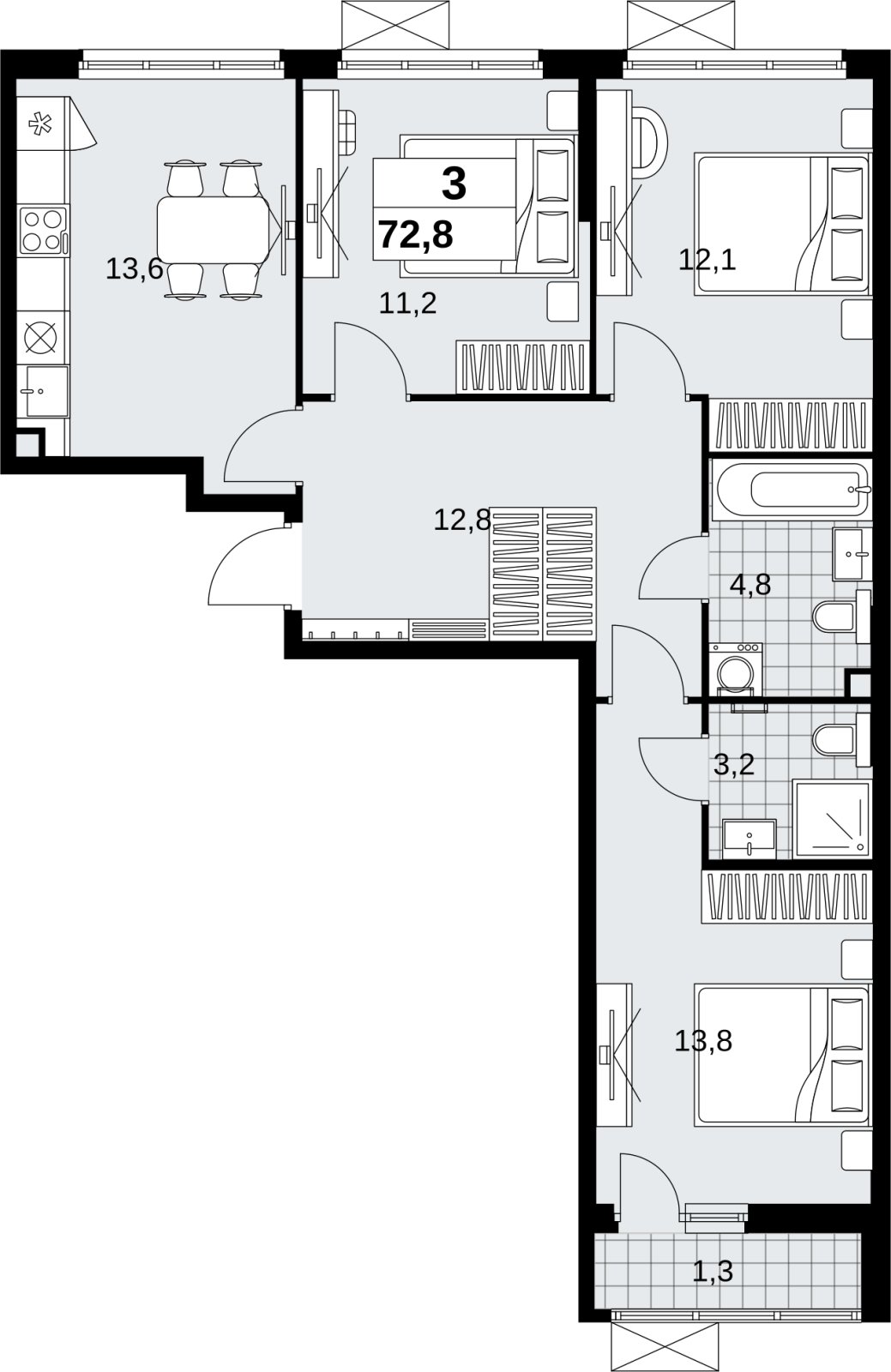 3-комнатная квартира с полной отделкой, 72.8 м2, 2 этаж, сдача 1 квартал 2027 г., ЖК Скандинавия, корпус 2.18.2.2 - объявление 2351171 - фото №1