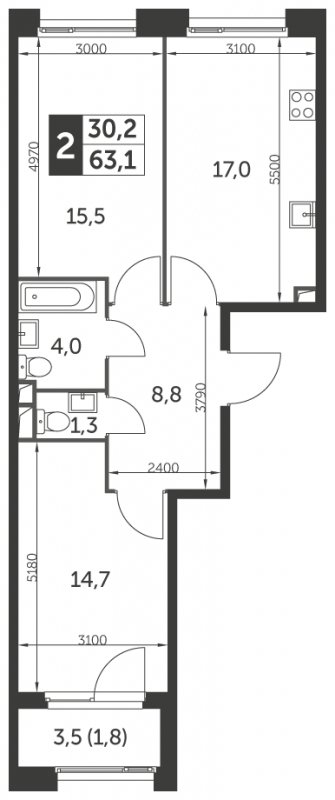 2-комнатная квартира без отделки, 63.1 м2, 2 этаж, сдача 1 квартал 2022 г., ЖК Рихард, корпус 2 - объявление 1295639 - фото №1