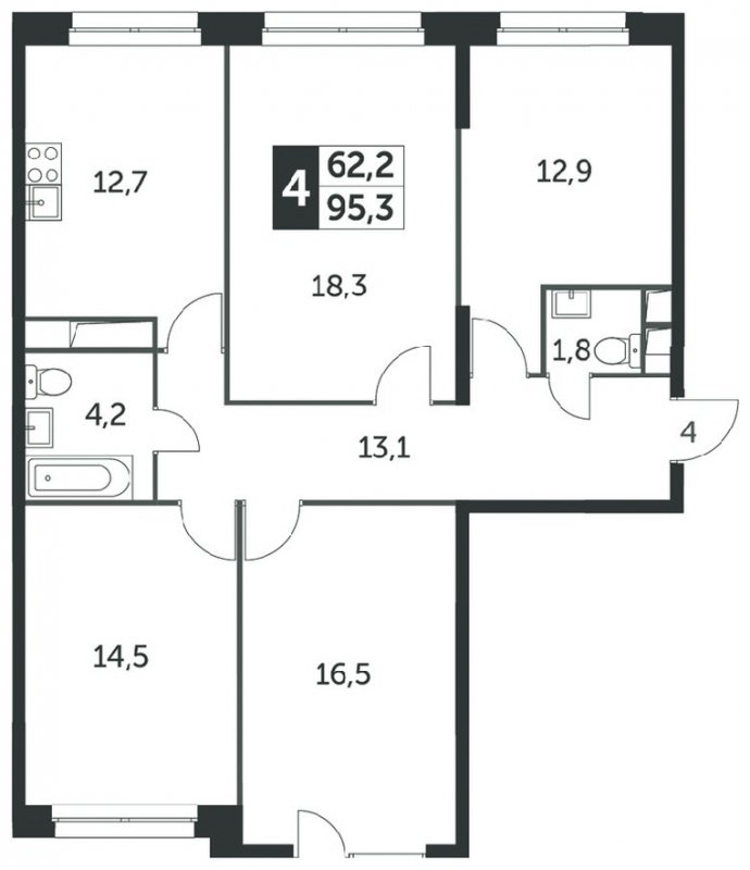 4-комнатная квартира без отделки, 95.4 м2, 9 этаж, сдача 4 квартал 2023 г., ЖК Датский квартал, корпус 2 - объявление 1568327 - фото №1