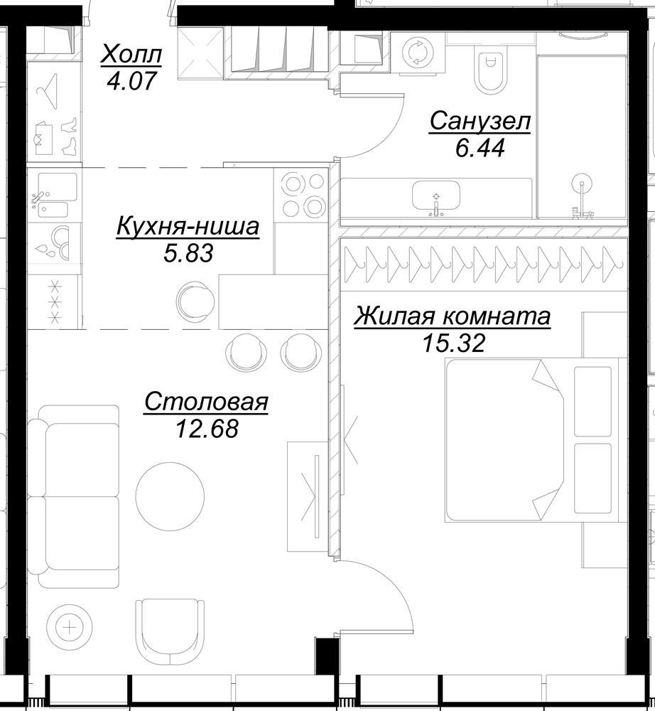 1-комнатная квартира с частичной отделкой, 44.34 м2, 52 этаж, сдача 4 квартал 2024 г., ЖК MOD, корпус Mann - объявление 2332054 - фото №1