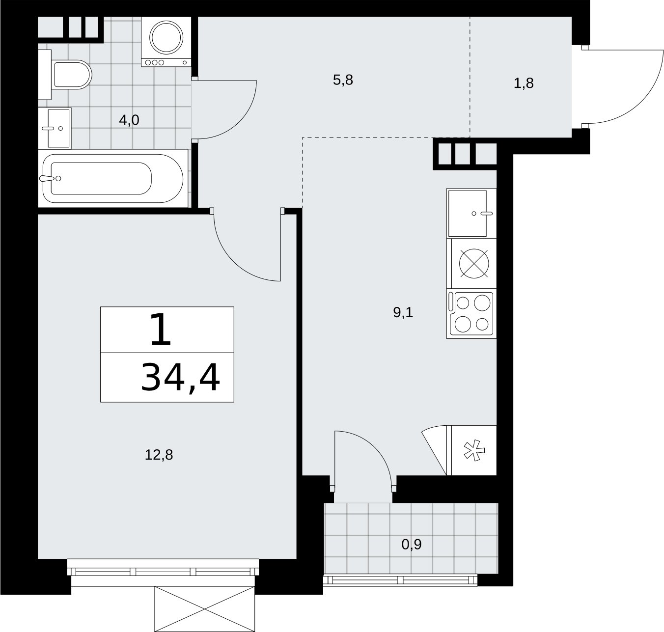 1-комнатная квартира без отделки, 34.4 м2, 5 этаж, сдача 2 квартал 2026 г., ЖК Бунинские кварталы, корпус 5.4 - объявление 2297781 - фото №1