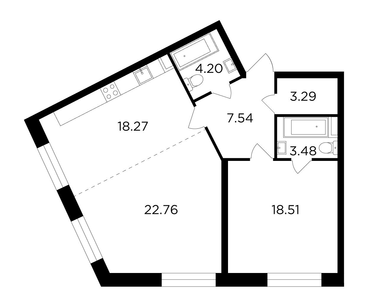 2-комнатная квартира без отделки, 78.05 м2, 13 этаж, дом сдан, ЖК FORIVER, корпус 9 - объявление 2371340 - фото №1