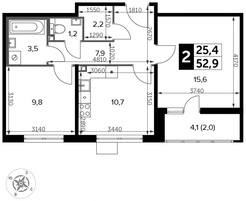 2-комнатная квартира с частичной отделкой, 52.9 м2, 21 этаж, сдача 3 квартал 2023 г., ЖК Южная Битца, корпус 11 - объявление 1652610 - фото №1