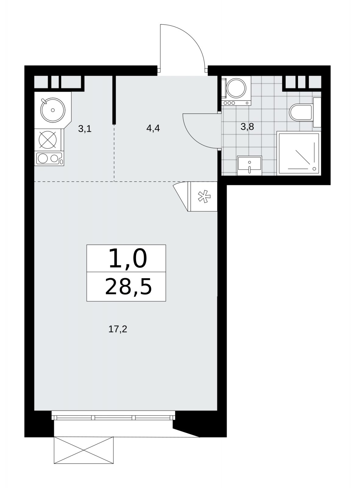 Студия с частичной отделкой, 28.5 м2, 4 этаж, сдача 1 квартал 2026 г., ЖК Бунинские кварталы, корпус 6.2 - объявление 2252535 - фото №1