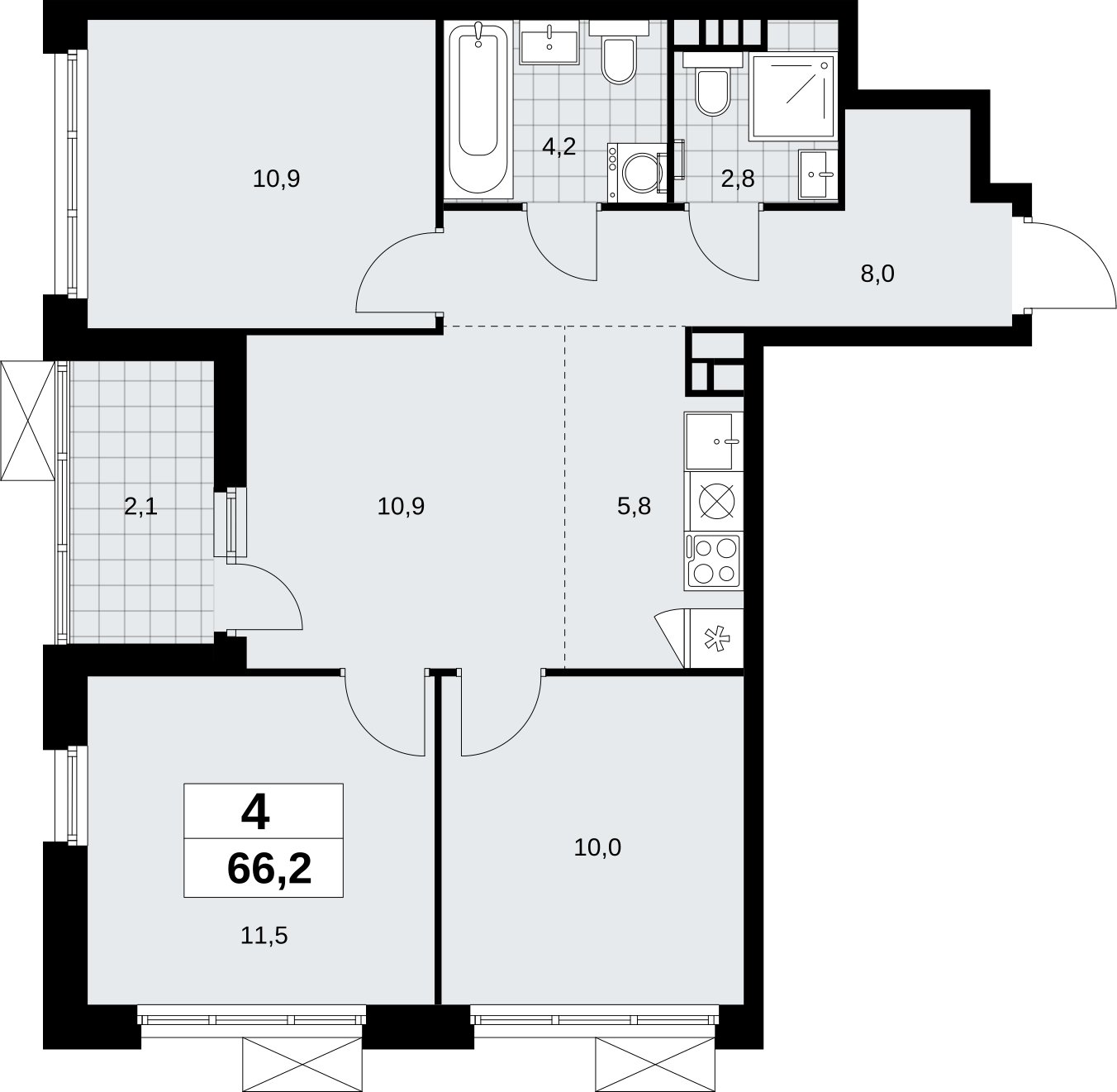 4-комнатная квартира (евро) без отделки, 66.2 м2, 5 этаж, сдача 4 квартал 2026 г., ЖК Скандинавия, корпус 2.18.1.3 - объявление 2350779 - фото №1