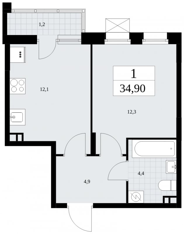 1-комнатная квартира без отделки, 34.9 м2, 3 этаж, сдача 4 квартал 2024 г., ЖК Бунинские кварталы, корпус 1.3 - объявление 1874293 - фото №1
