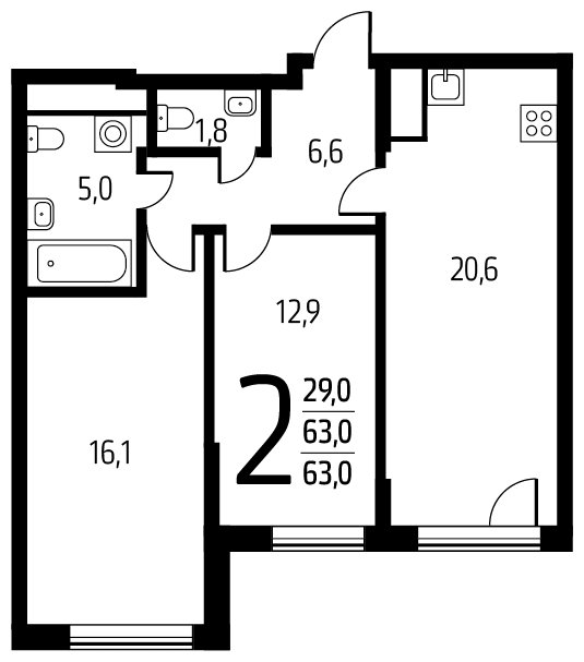 2-комнатная квартира с полной отделкой, 63 м2, 1 этаж, сдача 1 квартал 2024 г., ЖК Новые Ватутинки. Центральный, корпус 9/1/1.2 - объявление 1674060 - фото №1