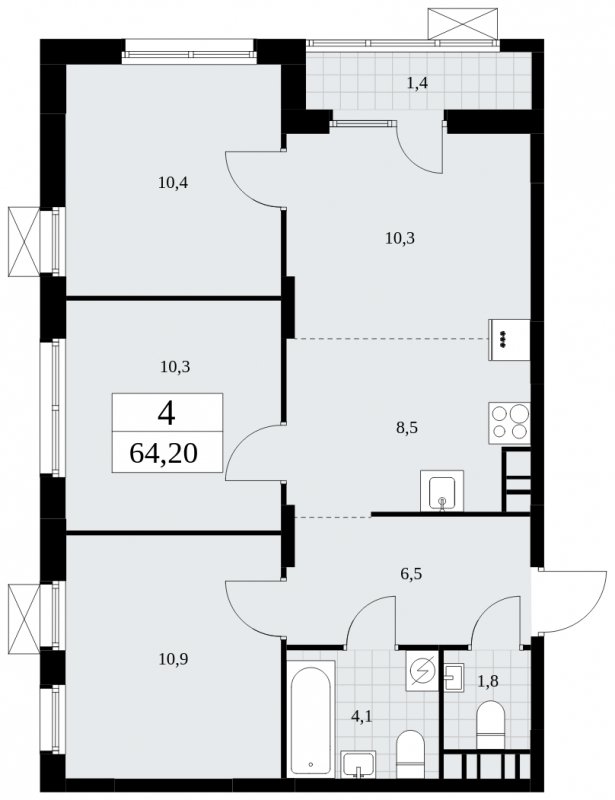 4-комнатная квартира (евро) без отделки, 64.2 м2, 6 этаж, сдача 1 квартал 2025 г., ЖК Дзен-кварталы, корпус 1.4 - объявление 1896217 - фото №1