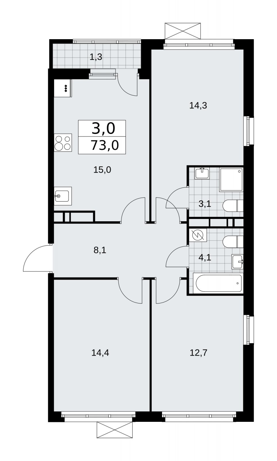 3-комнатная квартира с частичной отделкой, 73 м2, 10 этаж, сдача 1 квартал 2026 г., ЖК Скандинавия, корпус 37.1.1 - объявление 2216329 - фото №1
