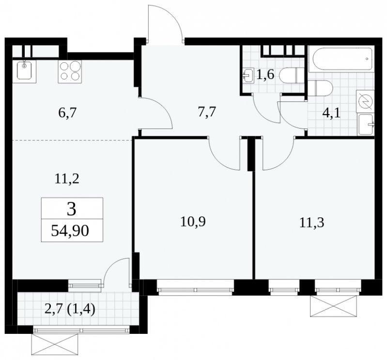 3-комнатная квартира (евро) без отделки, 54.9 м2, 15 этаж, сдача 1 квартал 2025 г., ЖК Прокшино, корпус 5.2.5 - объявление 1900954 - фото №1