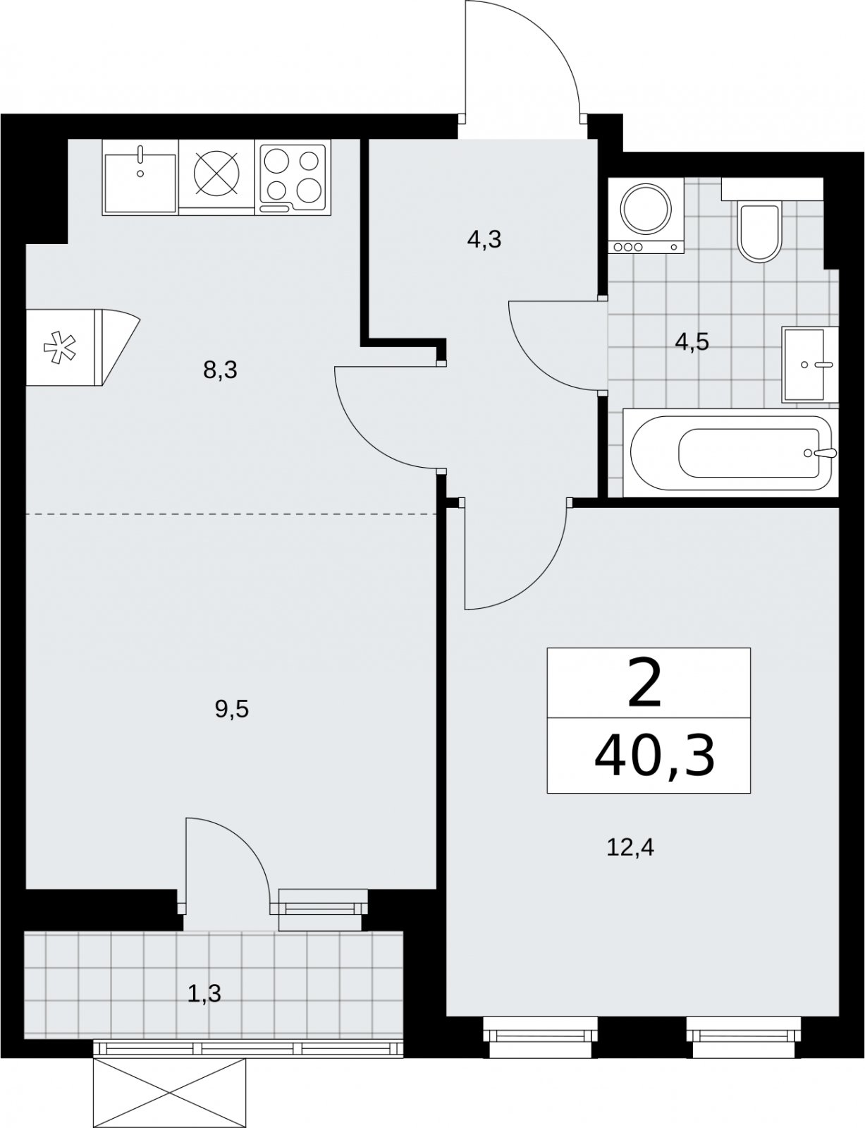 2-комнатная квартира (евро) без отделки, 40.3 м2, 8 этаж, сдача 2 квартал 2026 г., ЖК Бунинские кварталы, корпус 7.3 - объявление 2314014 - фото №1