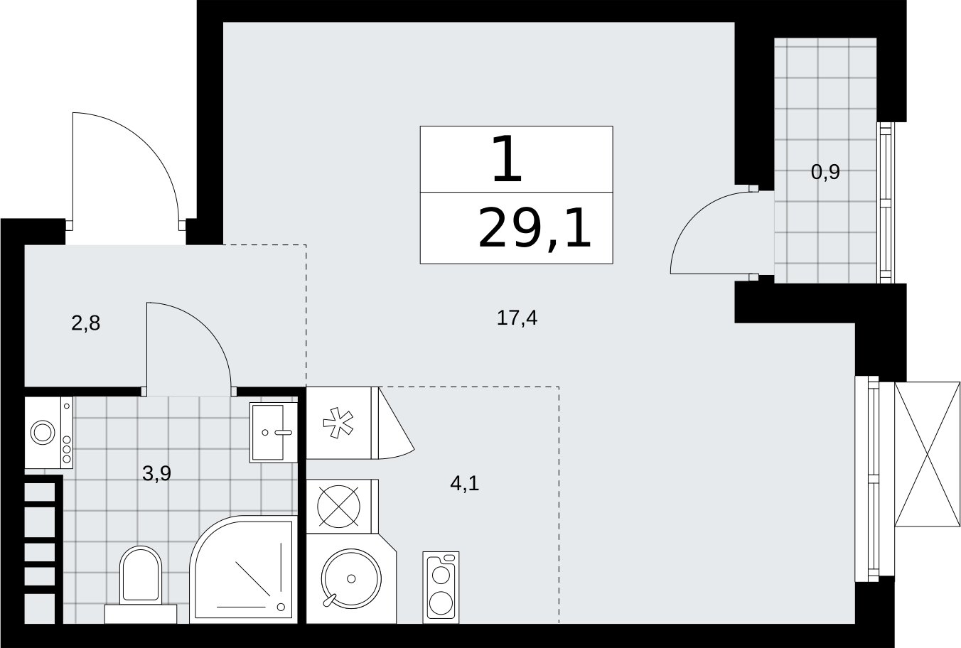 Студия с частичной отделкой, 29.1 м2, 4 этаж, сдача 2 квартал 2026 г., ЖК Бунинские кварталы, корпус 5.1 - объявление 2297001 - фото №1