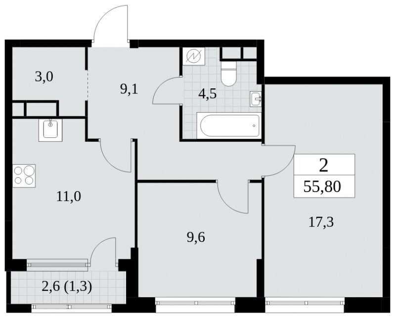 2-комнатная квартира с частичной отделкой, 55.8 м2, 16 этаж, сдача 2 квартал 2025 г., ЖК Южные сады, корпус 2.1 - объявление 1760012 - фото №1