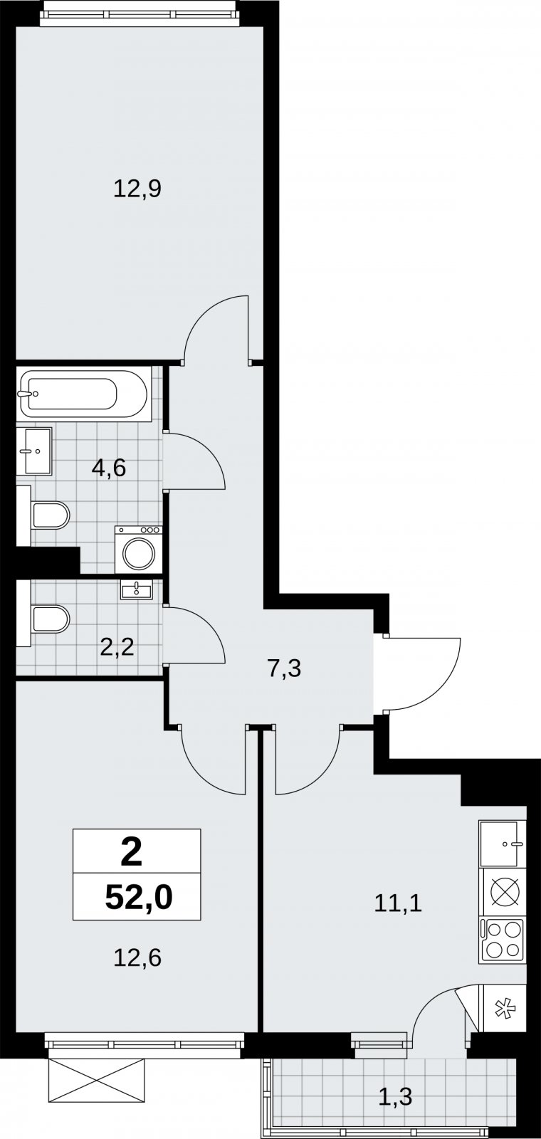 2-комнатная квартира без отделки, 52 м2, 8 этаж, сдача 2 квартал 2026 г., ЖК Бунинские кварталы, корпус 9.1 - объявление 2323679 - фото №1