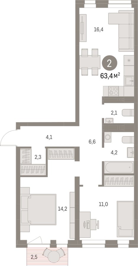 2-комнатная квартира с частичной отделкой, 63.41 м2, 4 этаж, сдача 1 квартал 2025 г., ЖК Первый квартал, корпус Дом 5 - объявление 2281411 - фото №1
