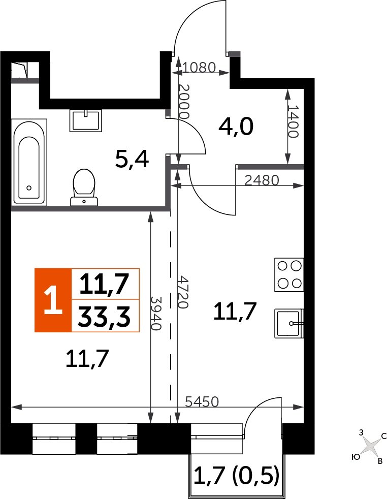 Студия с частичной отделкой, 33.3 м2, 6 этаж, сдача 3 квартал 2024 г., ЖК Sydney City, корпус 2.1 - объявление 2329932 - фото №1