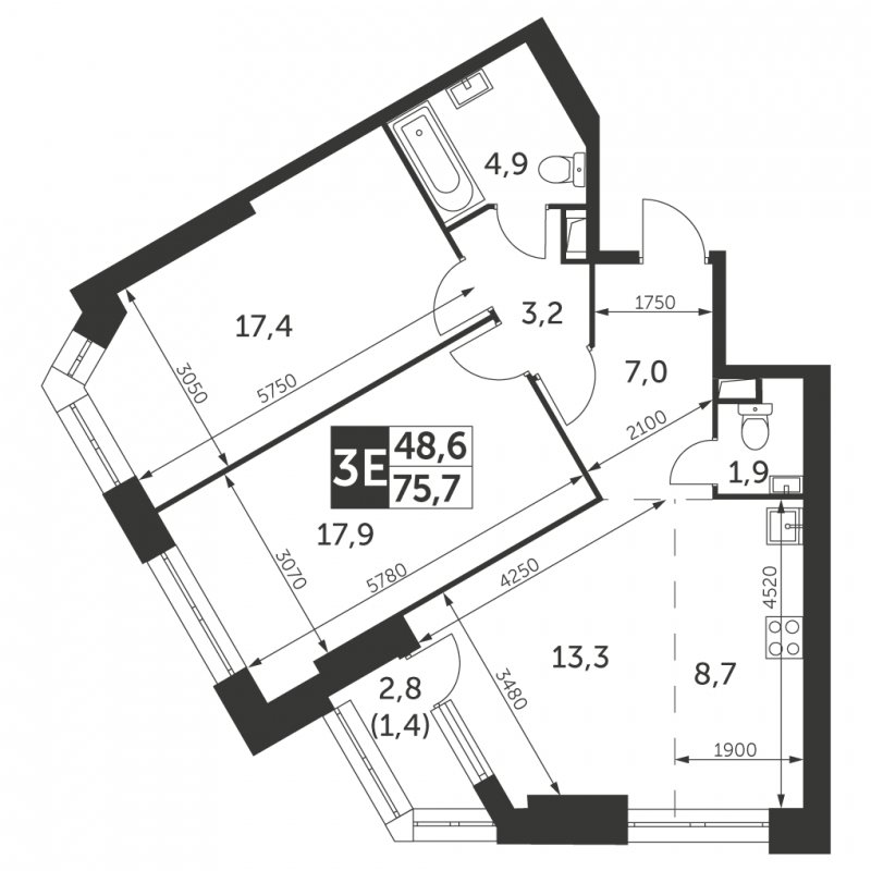 3-комнатная квартира с частичной отделкой, 75.7 м2, 16 этаж, сдача 4 квартал 2023 г., ЖК Архитектор, корпус 3 - объявление 1566120 - фото №1