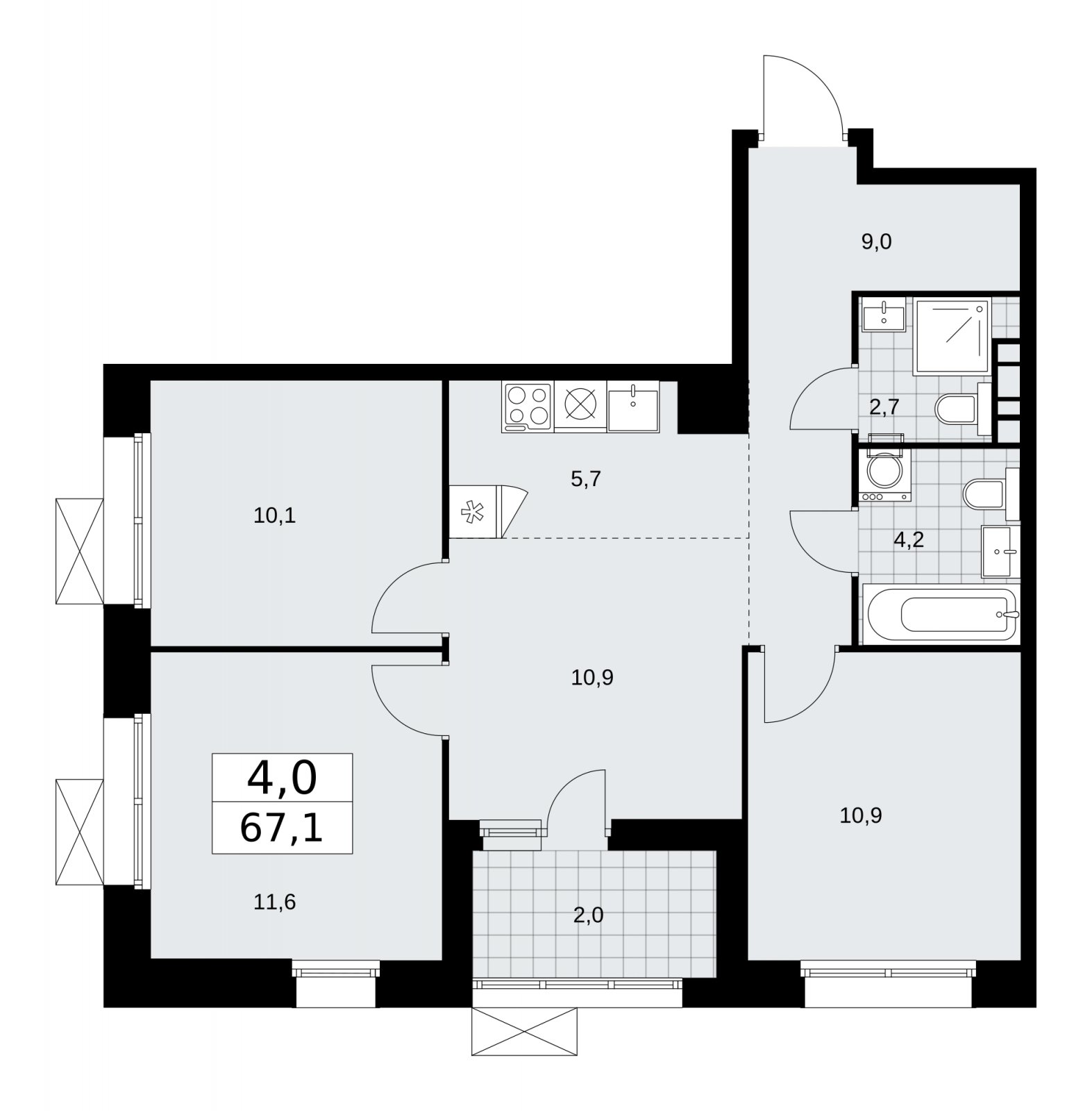 4-комнатная квартира (евро) с частичной отделкой, 67.1 м2, 17 этаж, сдача 1 квартал 2026 г., ЖК Бунинские кварталы, корпус 6.1 - объявление 2252500 - фото №1