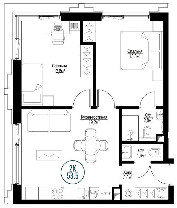 2-комнатная квартира с частичной отделкой, 53.5 м2, 16 этаж, сдача 3 квартал 2024 г., ЖК Метрополия, корпус Amsterdam - объявление 1786485 - фото №1